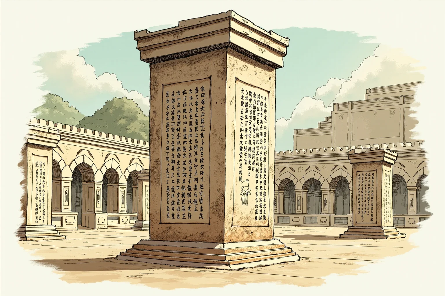 Illustration of a grand ancient stone pillar inscribed with edicts, set against a palace courtyard backdrop