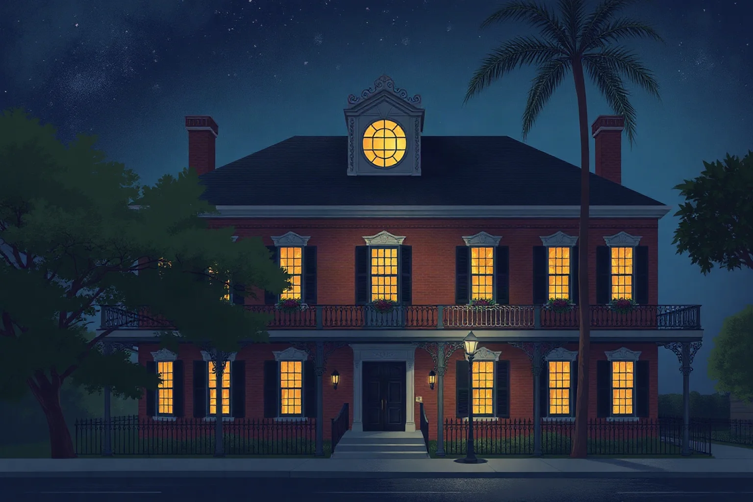 Illustration of a grand antebellum New Orleans mansion facade at night with a faint glow in one window