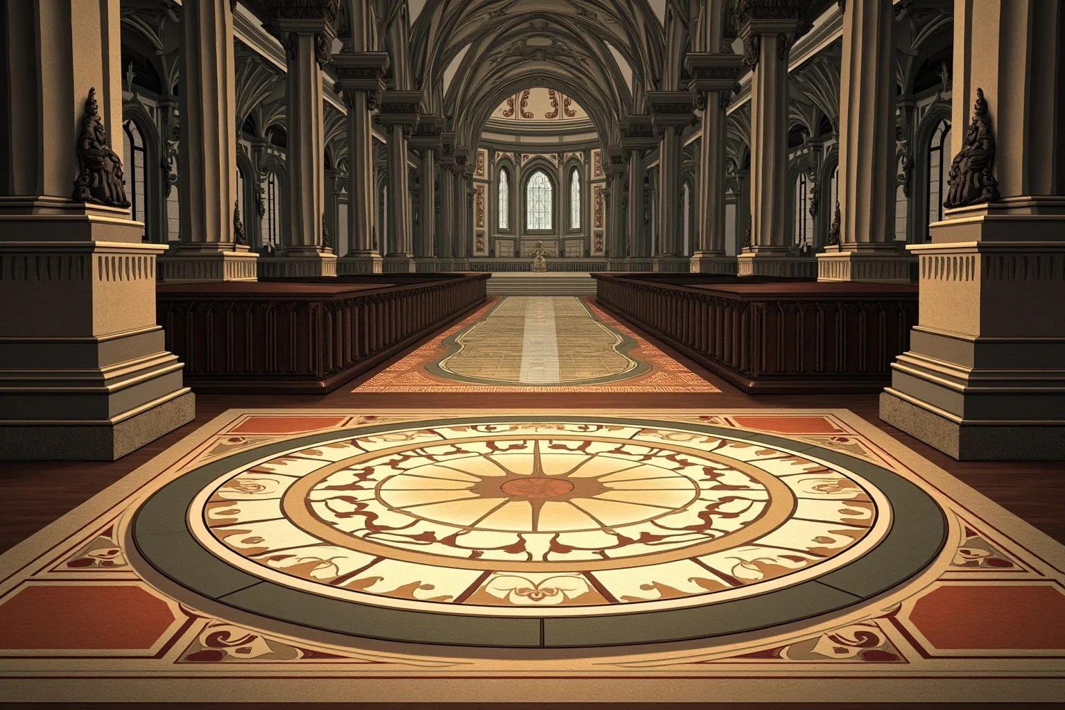 Illustration of a grand cathedral interior with an ornate floor memorial stone