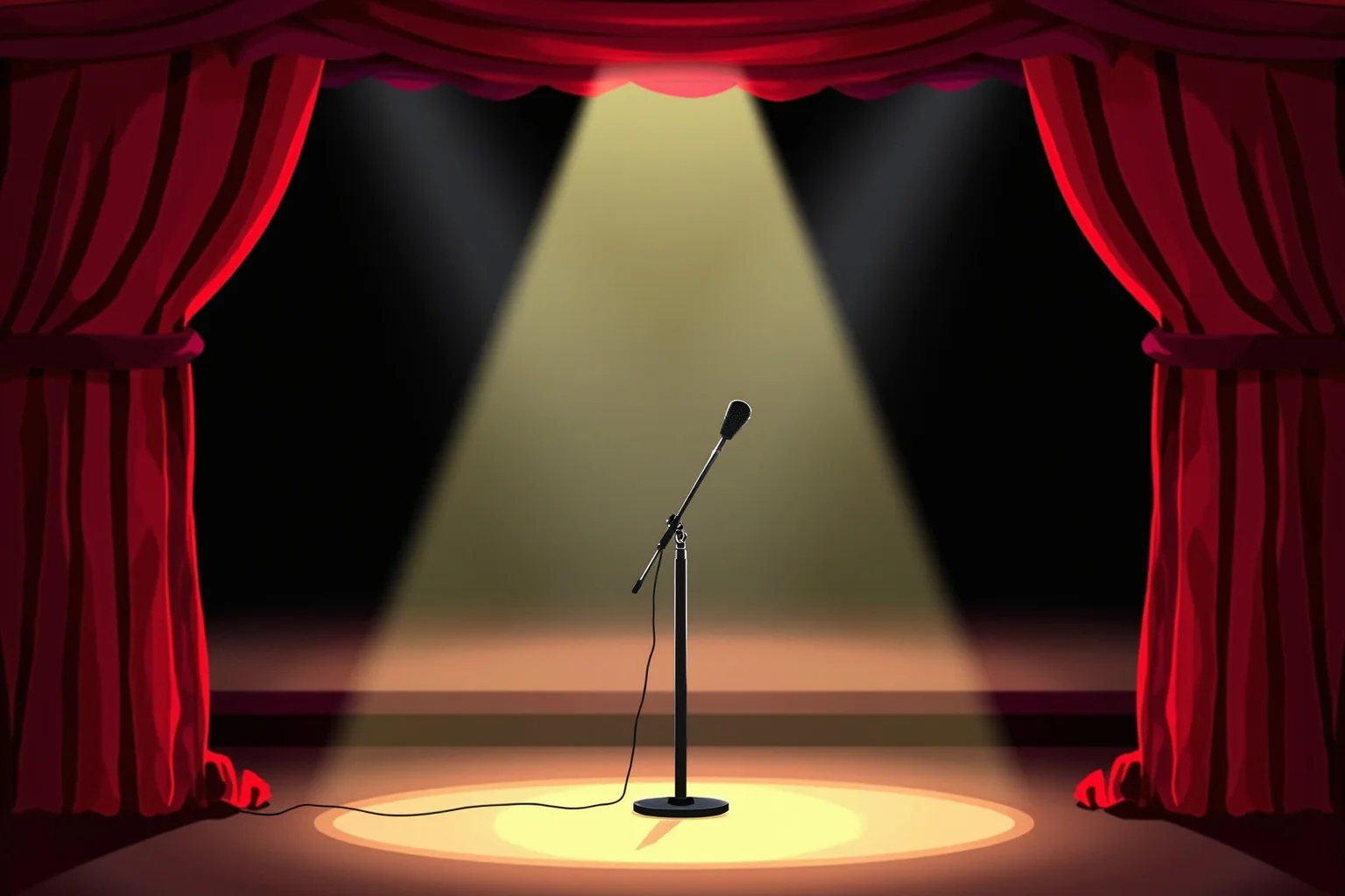 The Heartbreaking Life Story of Judy Garland: 26 Facts You Should Know 19 Illustration of a grand concert hall stage with a spotlight and microphone stand, elegant and dramatic