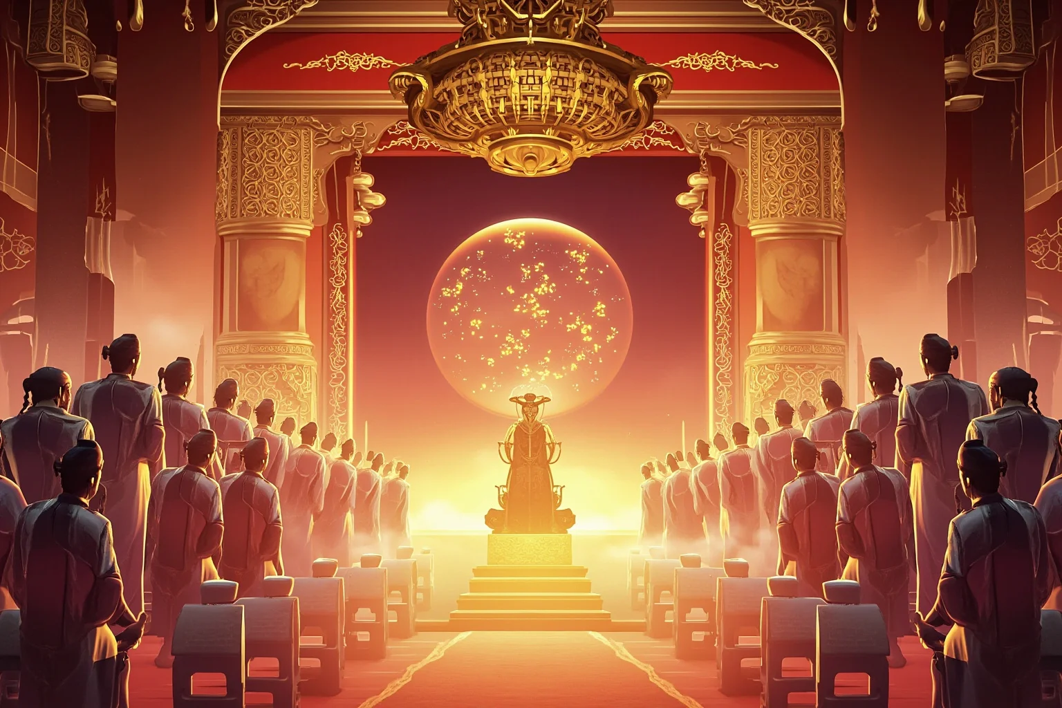 Illustration of a grand emperor's court scene symbolizing the afterlife protection concept
