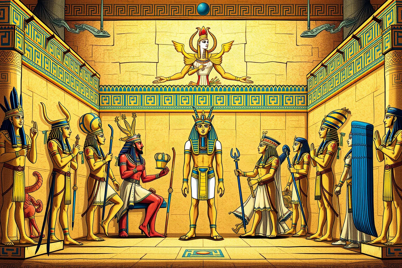 Illustration of a grand hall of Egyptian gods and goddesses depicted in traditional wall art style