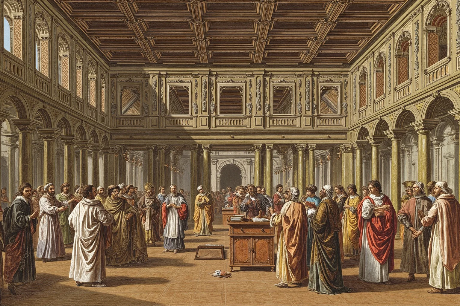 Illustration of a grand medieval hall at the University of Naples with scholars and nobles in discussion