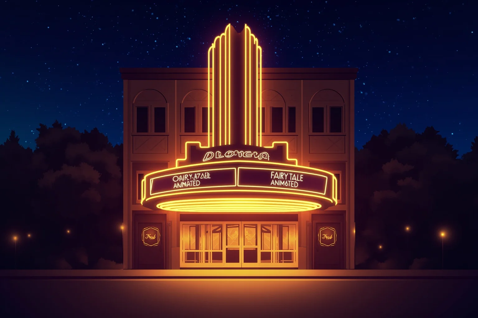 Walt Disney: 10 Controversies That Haunt Him & 10 Ways He Changed the World 15 Illustration of a grand old movie theater marquee glowing at night, announcing a fairy-tale animated film premiere