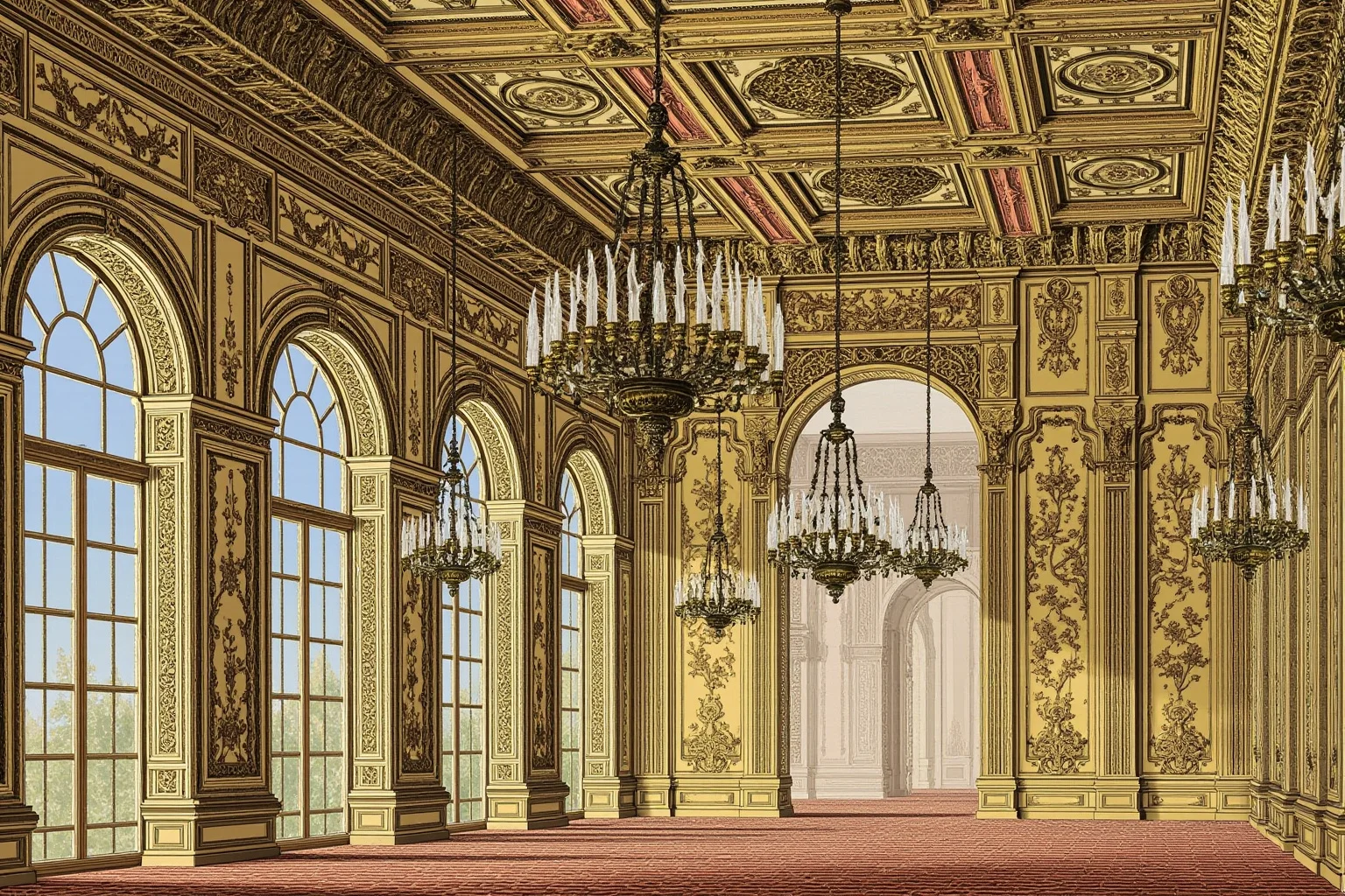 Surprising Facts About Marie Antoinette (And 10 Misconceptions) 23 Illustration of a grand opulent 18th-century ballroom with chandeliers and gilded mirrors, no identifiable figures