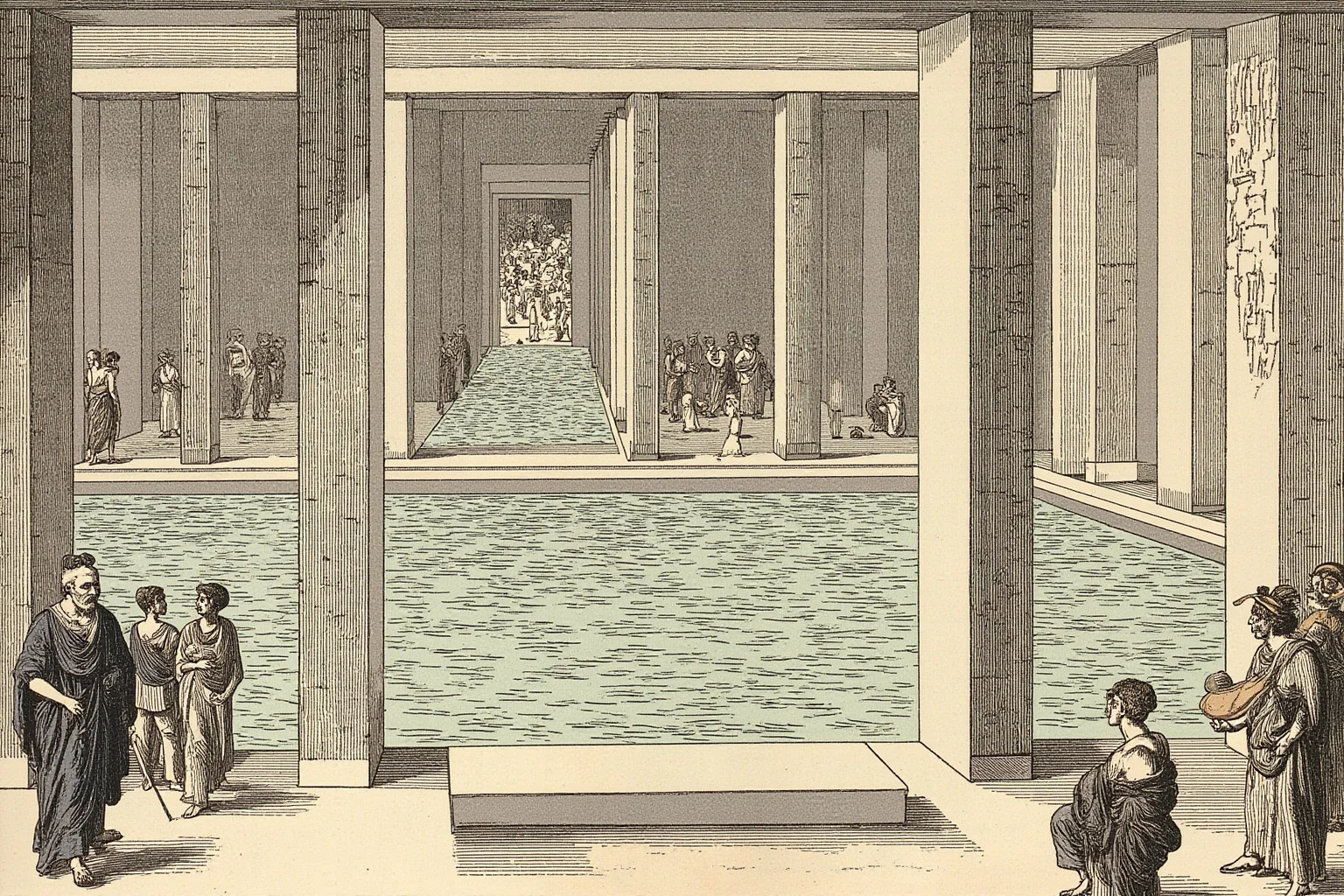 Illustration of a grand Roman bathhouse interior with pools, columns, and people socializing