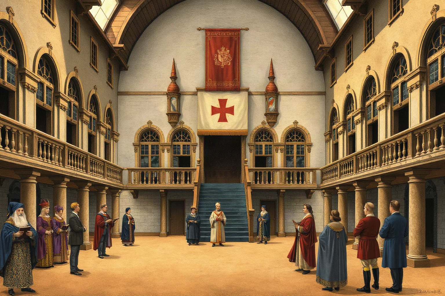 Illustration of a grand secular medieval university hall in Naples with an emperor's banner, scholars and officials in period dress