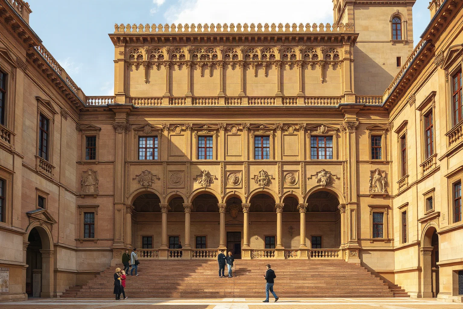 Back to Class: The 20 Oldest Universities in the World 4 Illustration of a grand Spanish Renaissance university facade in Salamanca with intricate carved stonework, scholars conversing on the steps, warm sandstone tones