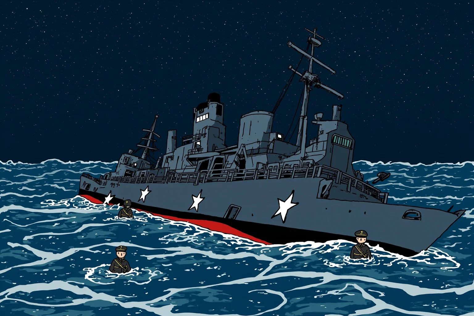 Lost At Sea: 20 Most Famous Shipwrecks in History 20 Illustration of a gray naval cruiser sinking at night in open ocean under a starry sky with sailors in the water