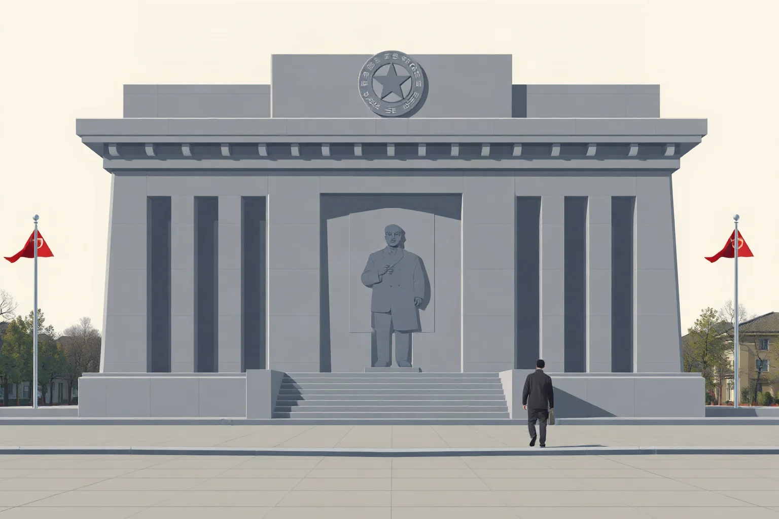 Illustration of a grey concrete monument plaza with a father-and-son silhouette motif, North Korean style