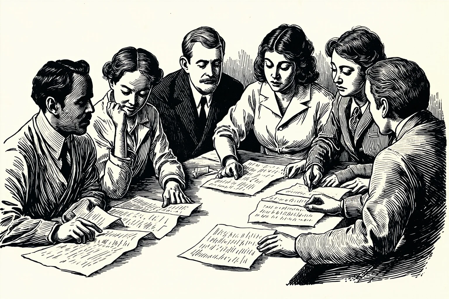 Illustration of a group of diverse advocates gathered around a table reviewing documents, early 20th-century civil rights meeting