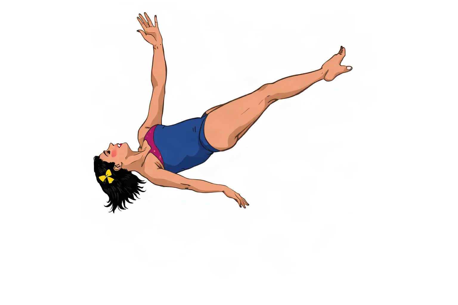 Illustration of a gymnast mid-air performing a floor routine skill, dynamic action pose
