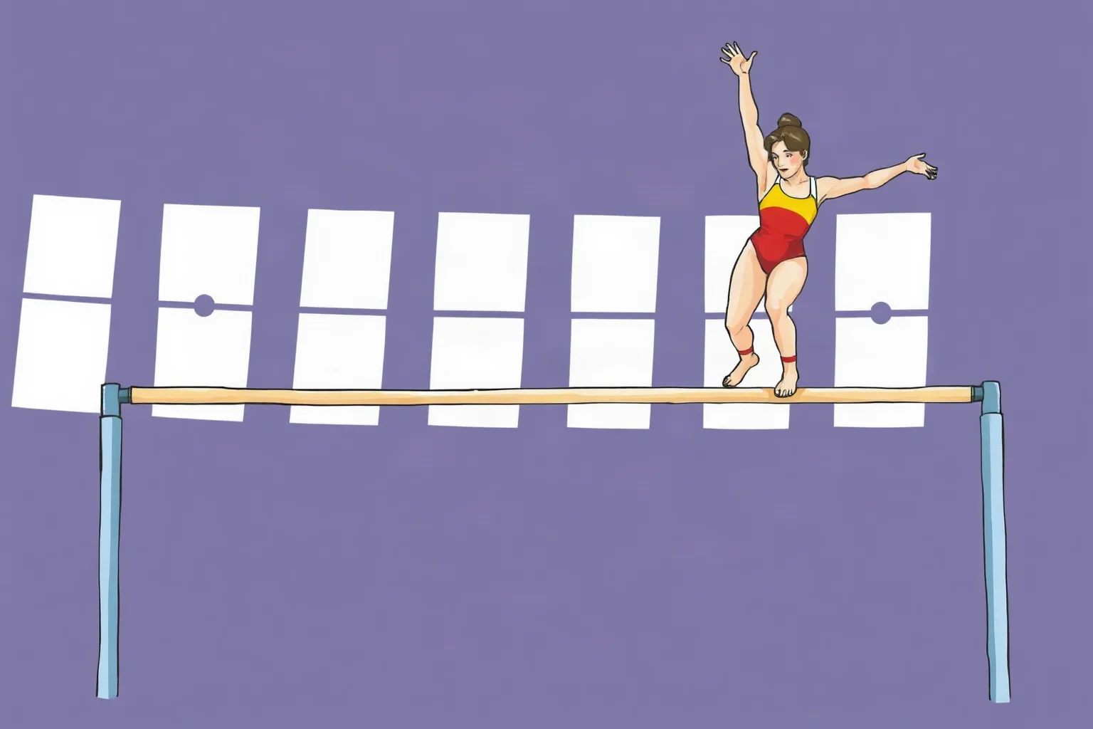 Illustration of a gymnast performing on uneven bars mid-routine, 1970s Olympic style