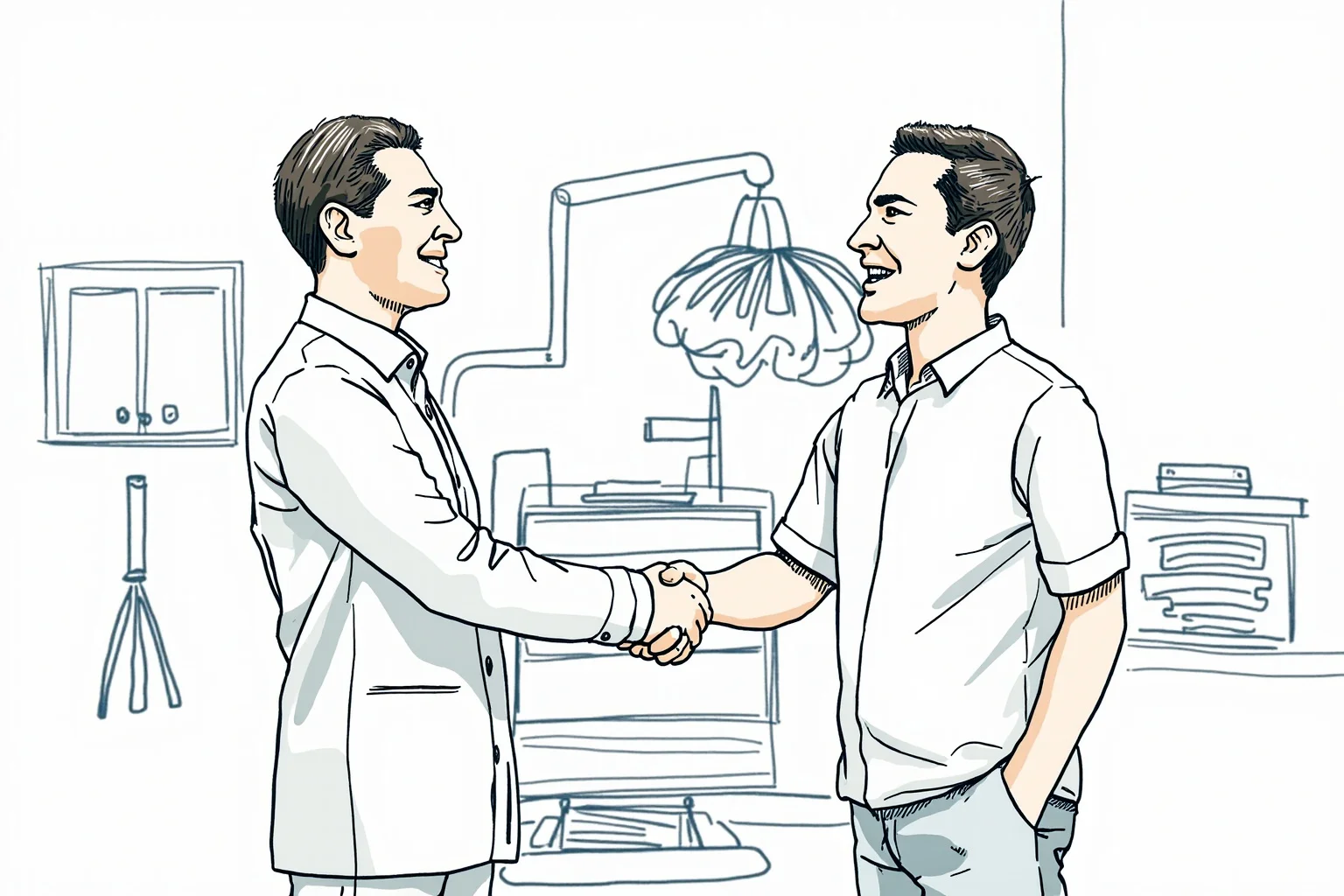 Illustration of a handshake between a dentist and a confectioner in front of a sketched machine blueprint