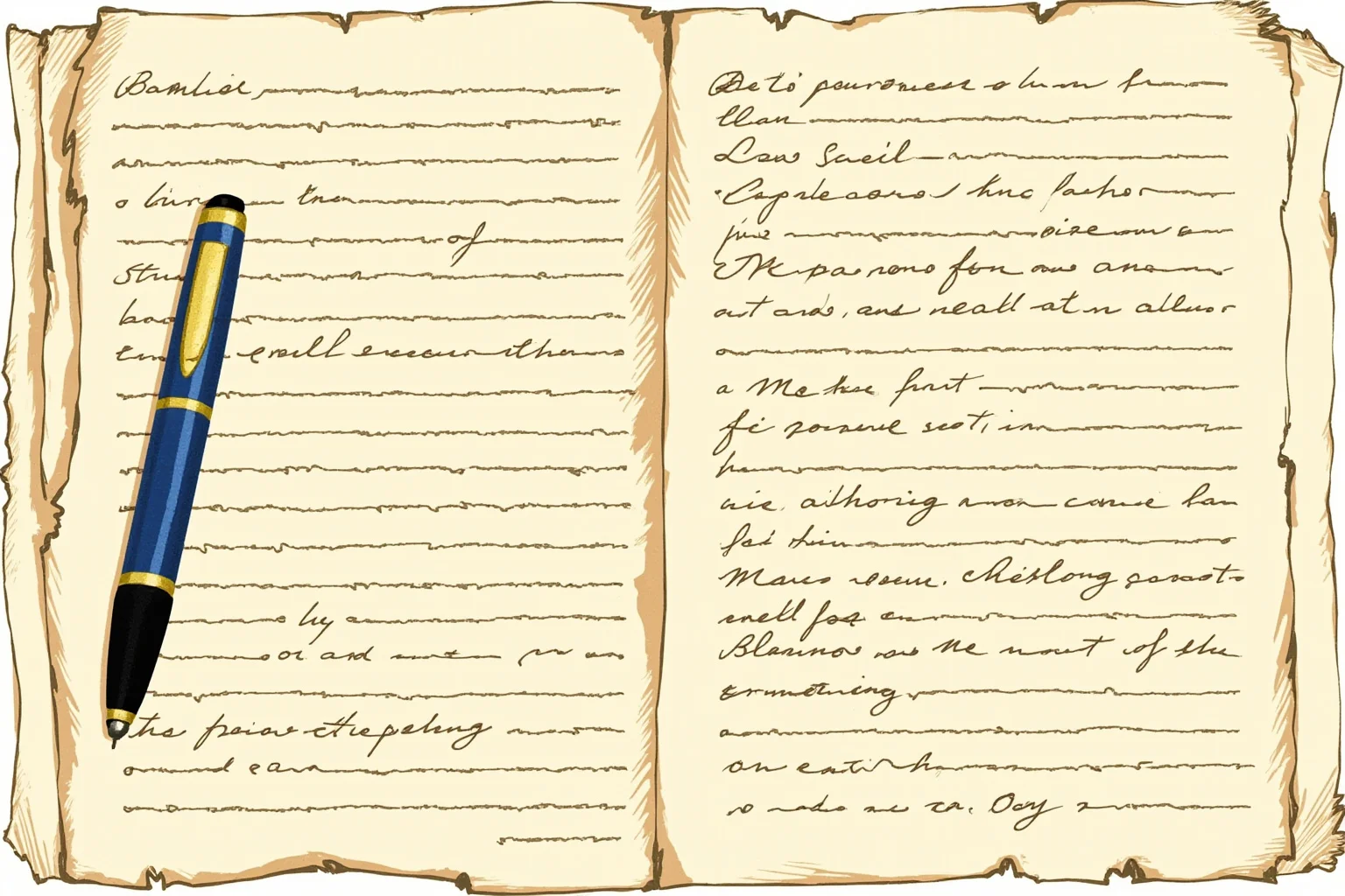 Illustration of a handwritten list on aged paper divided into two columns, pen resting beside it