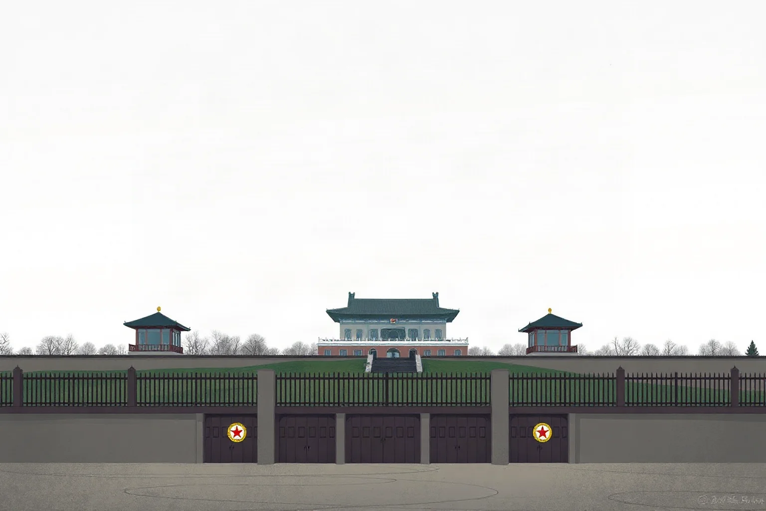 Illustration of a heavily guarded isolated palace behind a tall wall under a grey sky, North Korean architectural style
