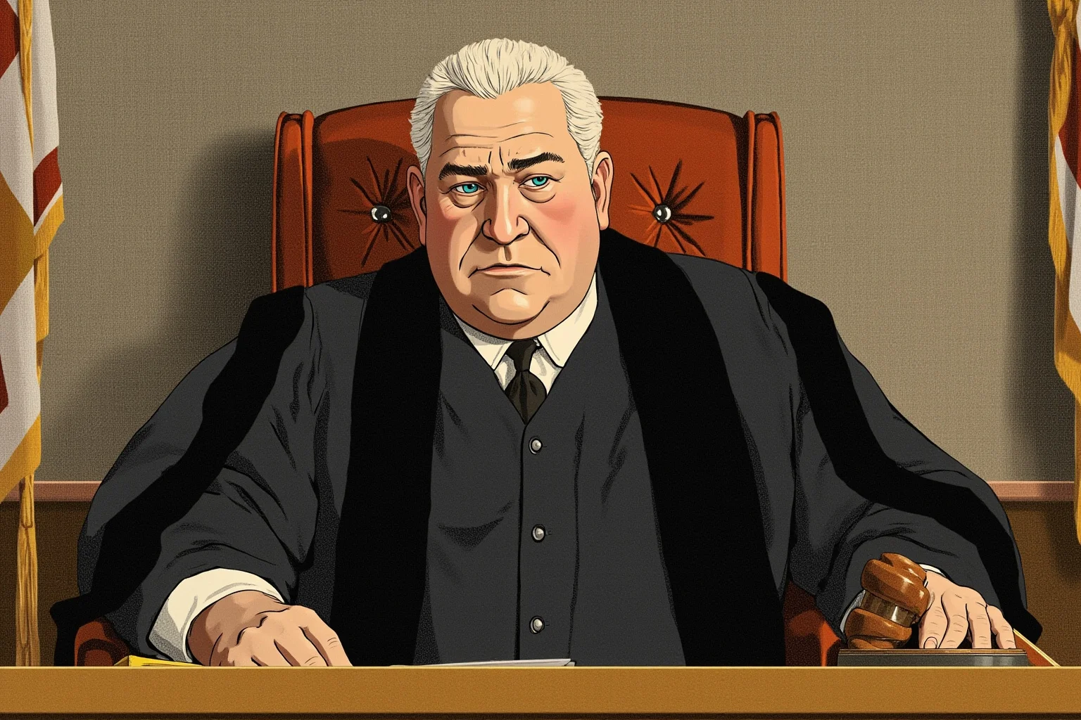 Illustration of a heavyset early 20th-century president in judicial robes seated at a courtroom bench with a gavel nearby.