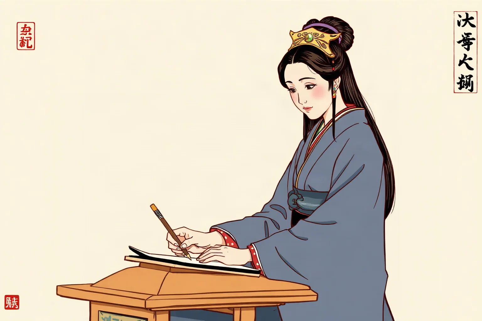 Illustration of a Heian-era Japanese court noblewoman writing with a brush, evoking Murasaki Shikibu and The Tale of Genji