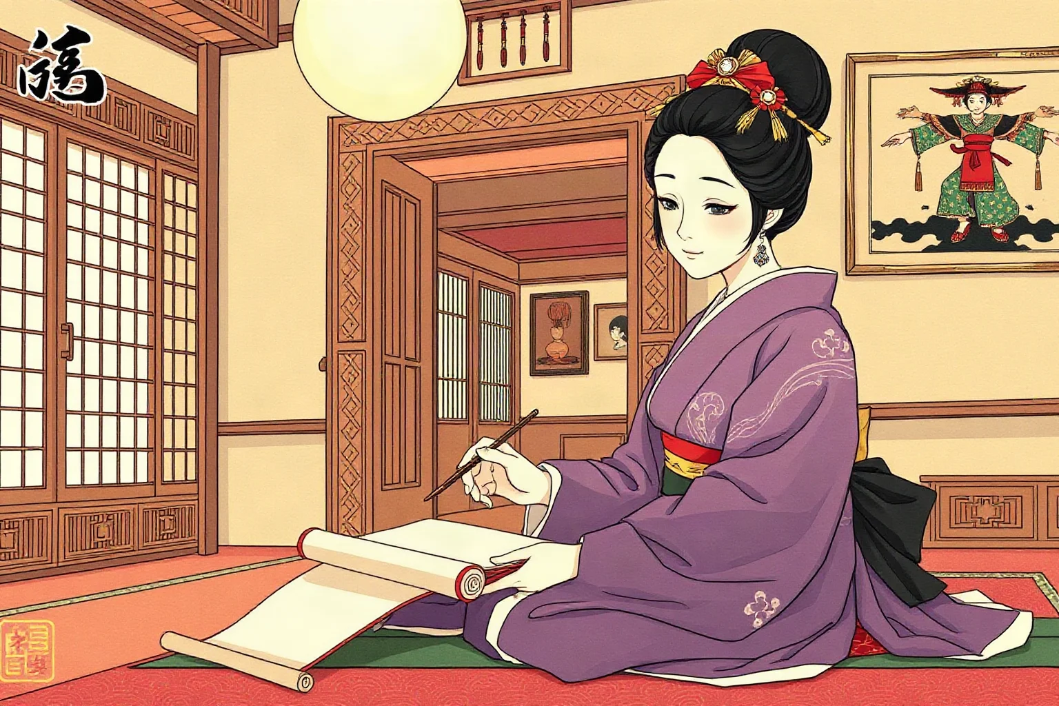 Illustration of a Heian-era Japanese noblewoman writing with a brush and scroll in an elegant palace room