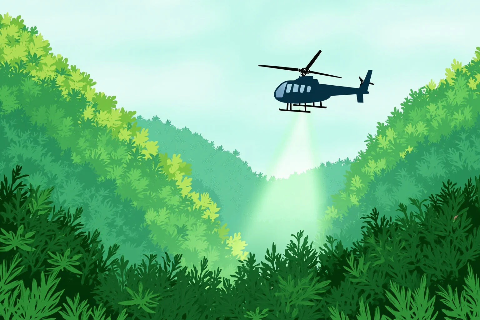 Illustration of a helicopter spraying mist over a green jungle canopy