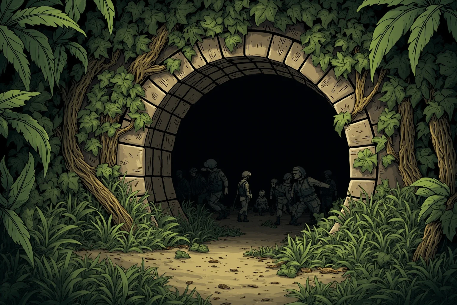 Illustration of a hidden jungle tunnel entrance camouflaged with leaves and soldiers nearby