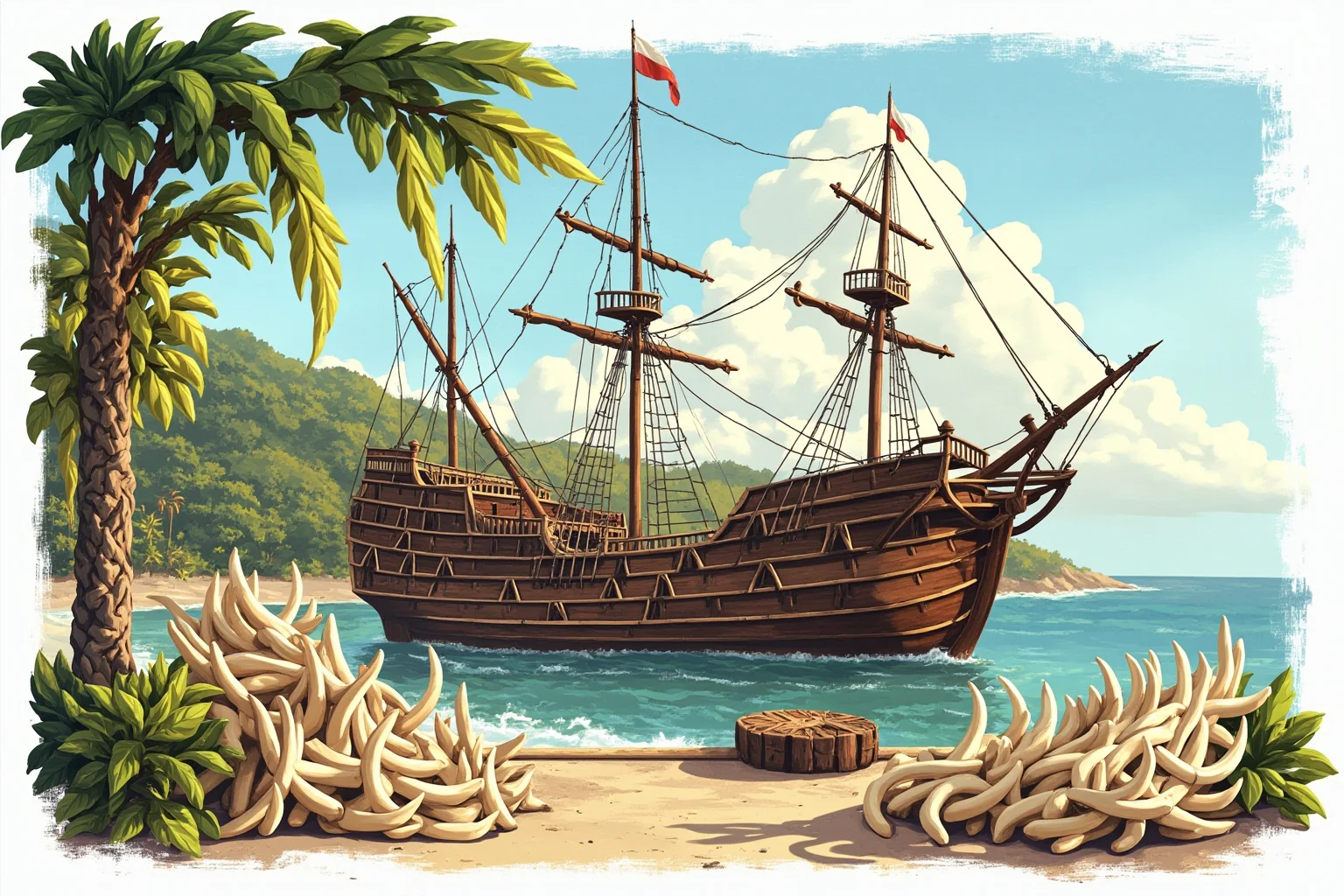 Illustration of a historic wooden trading ship near a tropical coastline with elephant tusks stacked on a dock, tasteful and non-graphic