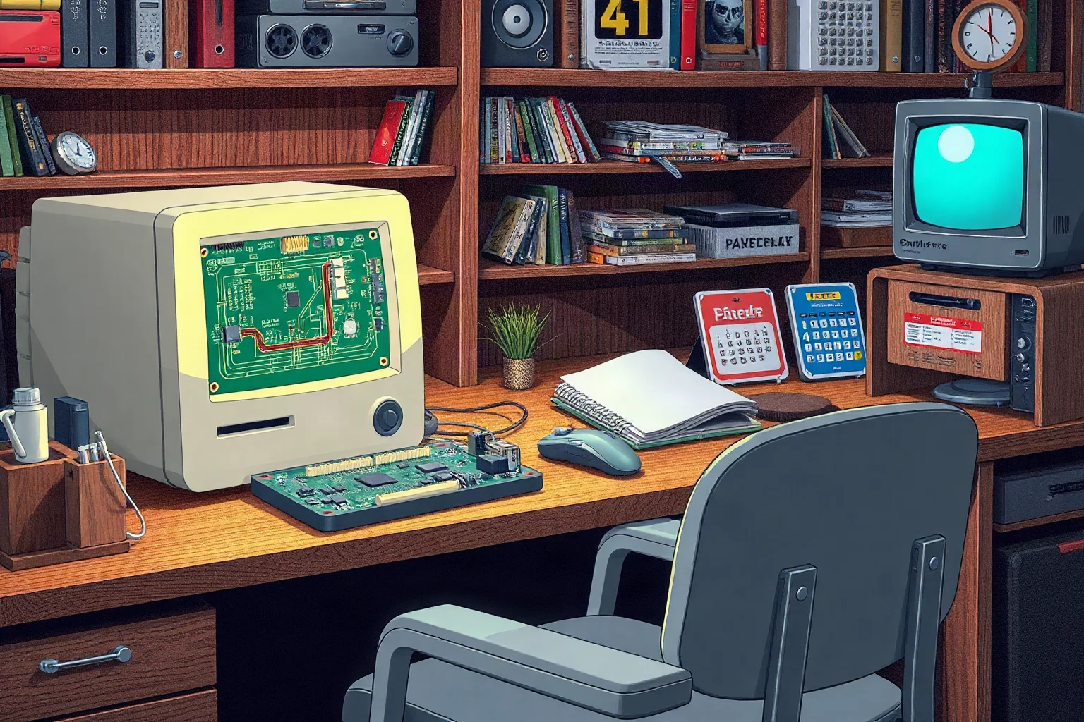 Illustration of a hobbyist workbench with an open early personal computer circuit board