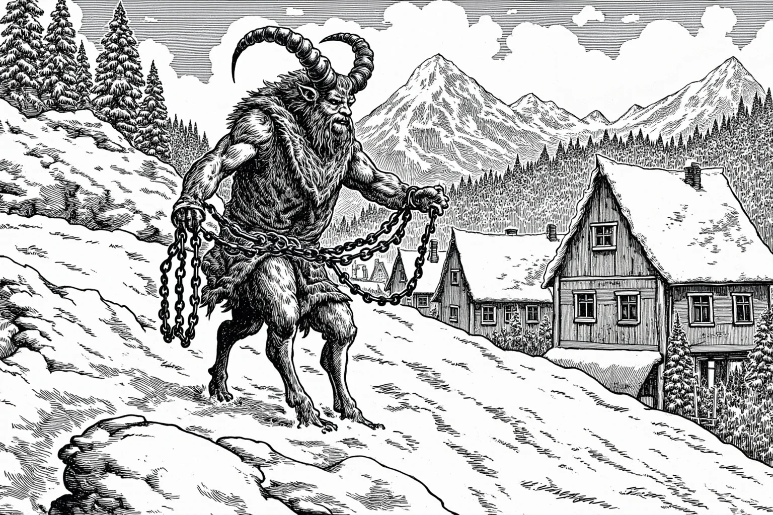 Illustration of a horned, goat-legged Krampus figure carrying chains through a snowy Alpine village