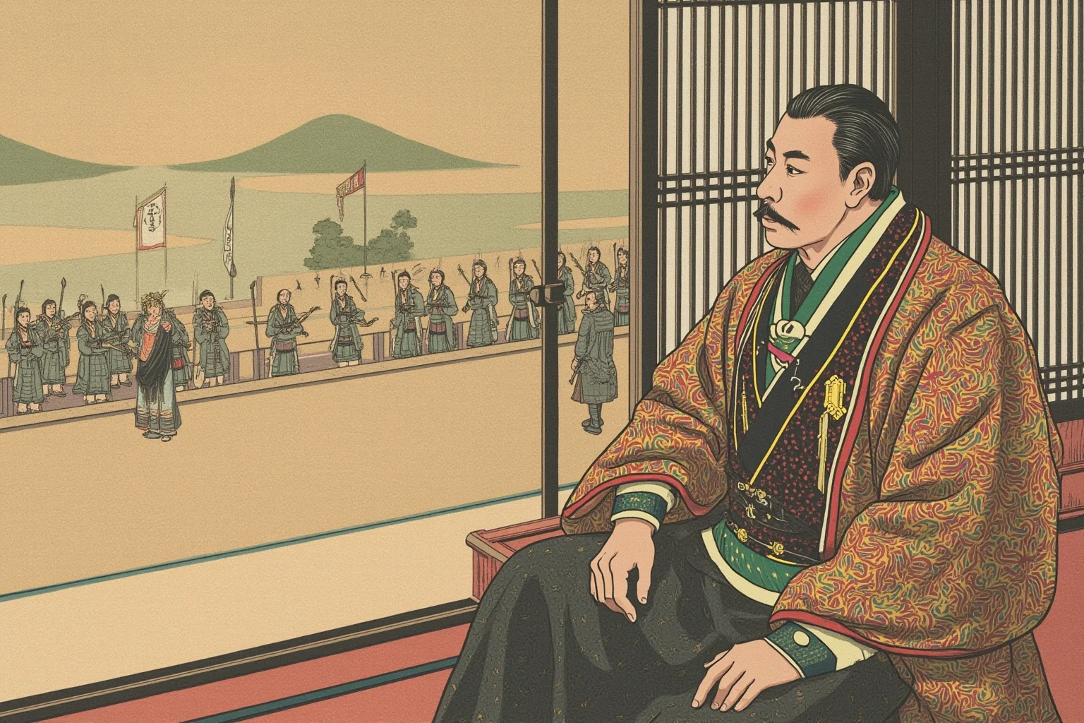 10 of History's Most 'Impactful' Leaders Who Actually Did Almost Nothing 10 Illustration of a Japanese emperor in traditional court robes seated in a quiet ceremonial hall in Kyoto, while armored samurai and a shogun's banner are visible in the distance
