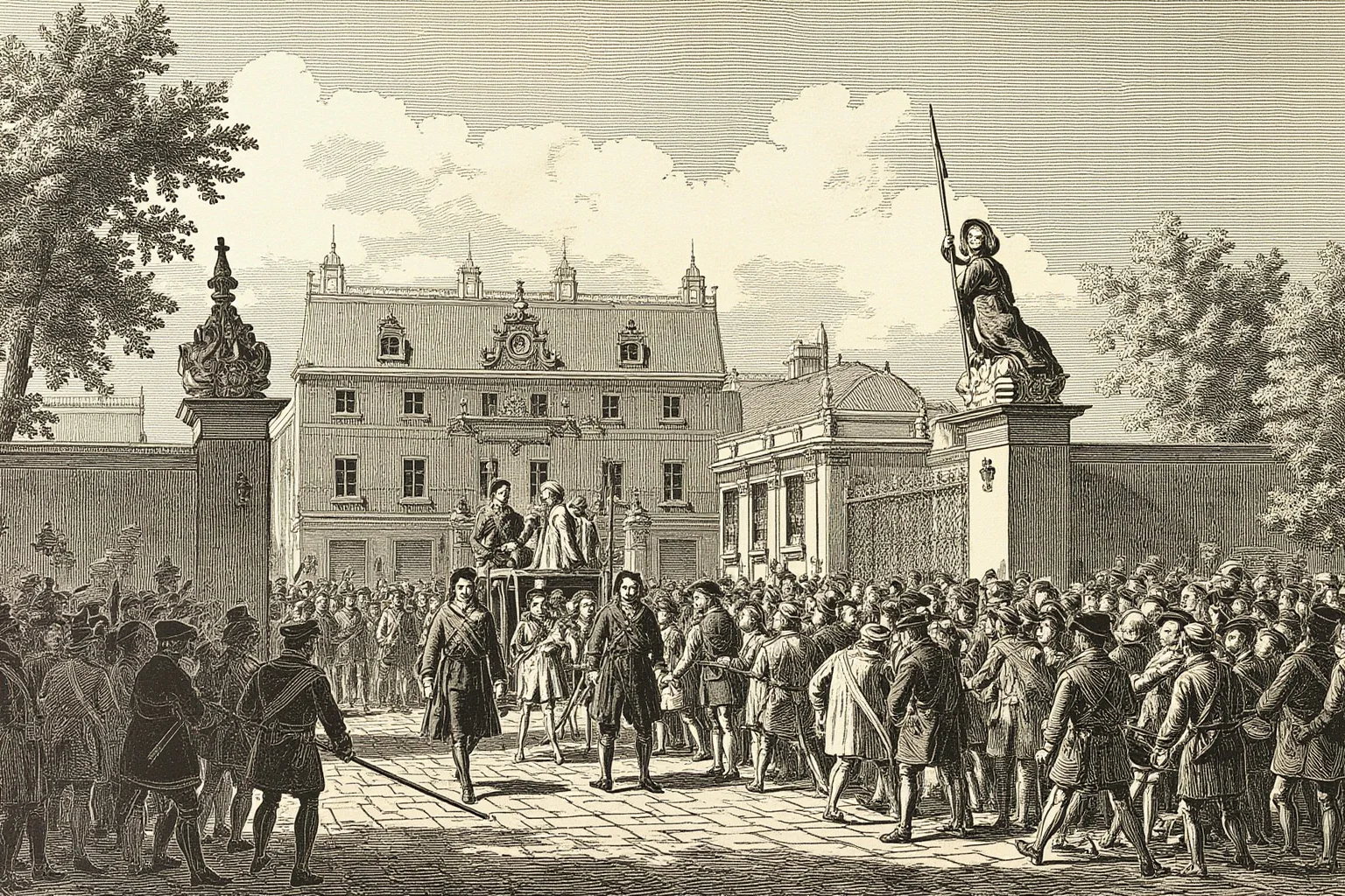 Surprising Facts About Marie Antoinette (And 10 Misconceptions) 24 Illustration of a joyful crowd cheering a carriage arriving at a palace gate, 18th-century French village style