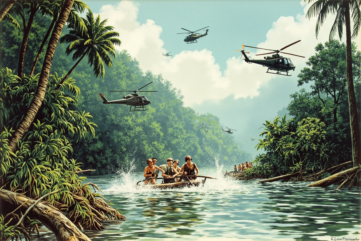 Illustration of a jungle river crossing with 1960s military helicopters overhead