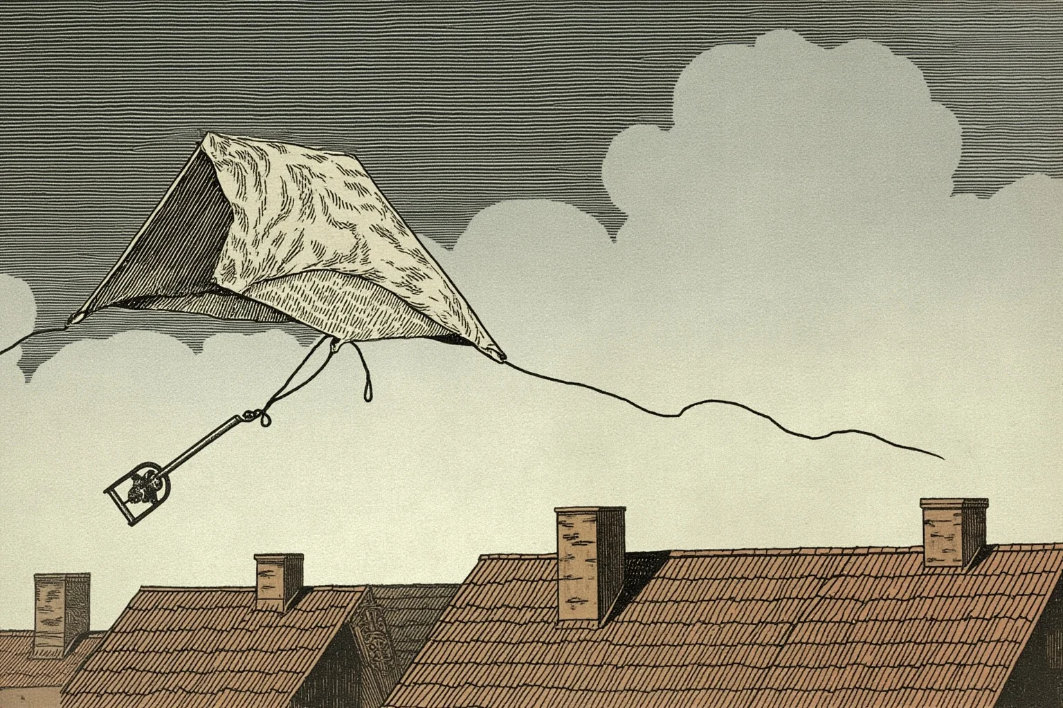 Illustration of a kite with a metal key attached, flying in a stormy sky above 18th-century rooftops