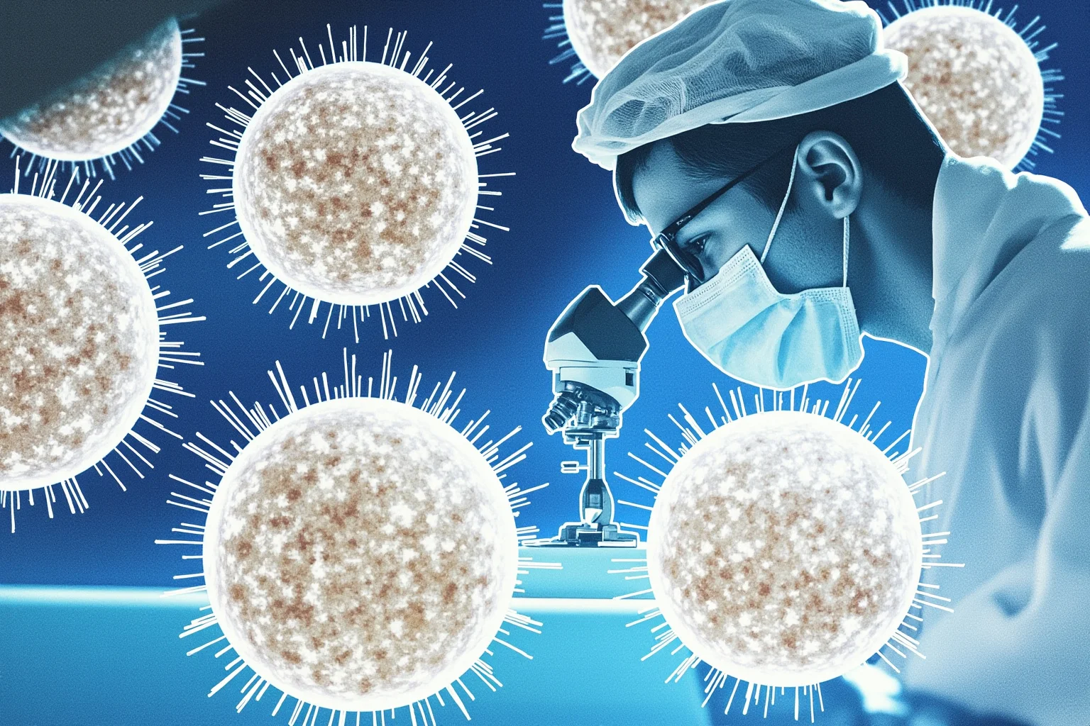 Illustration of a laboratory scientist examining thin sugar-thread structures under a microscope