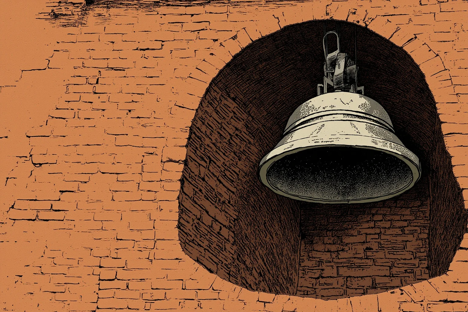Illustration of a large cracked bronze bell hanging in a brick tower, close-up on the crack