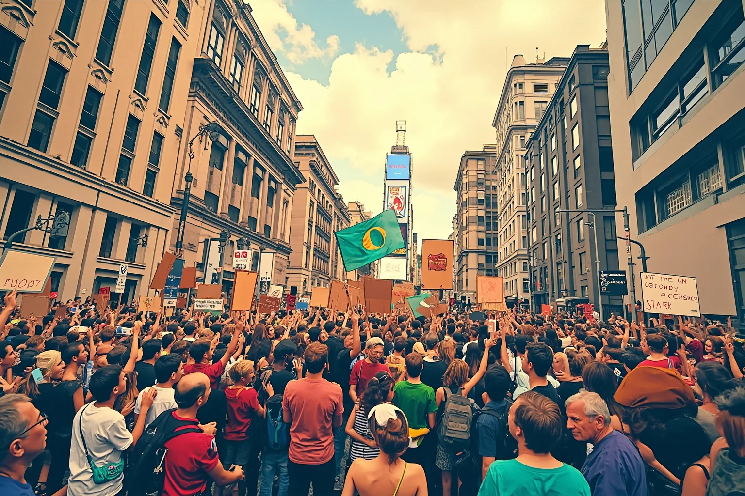 Illustration of a large crowd of protesters holding signs and banners in a city street