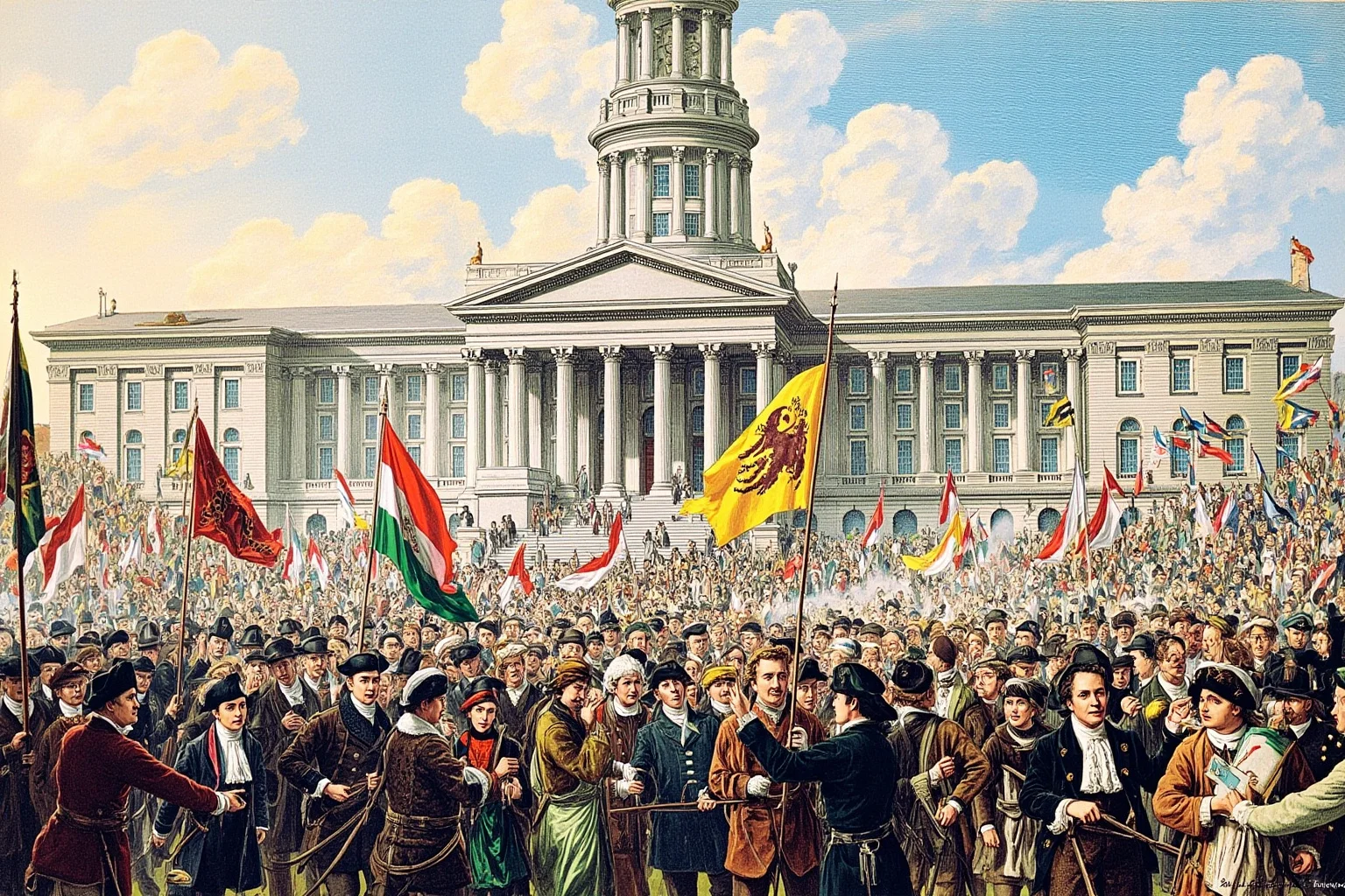 25 Most Memorable Dates in History (And Why They Still Matter) 19 Illustration of a large crowd waving flags in celebration outside a grand colonial-era government building