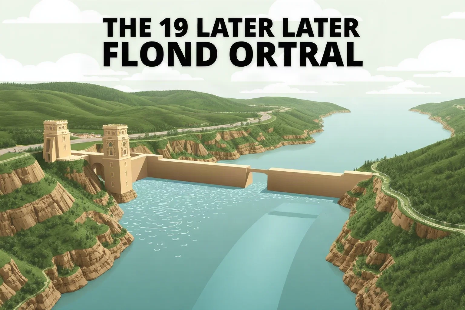 Illustration of a large dam structure on a wide river, symbolizing later flood-control efforts