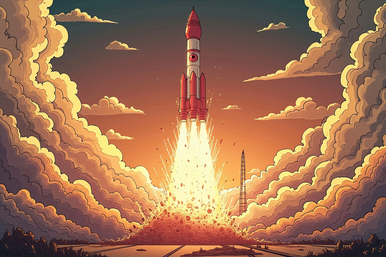 Facts About The Space Race: 25 Things Everyone Gets Wrong (or Right) 16 Illustration of a large failed rocket launch with smoke and fire clouds at the base, stylized not graphic