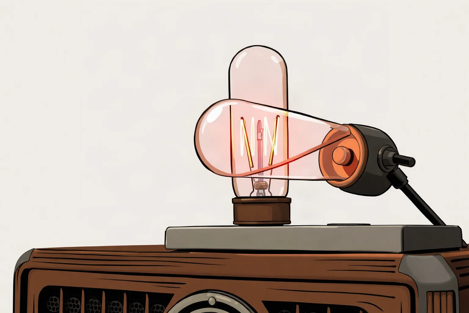 Illustration of a large glass vacuum tube glowing faintly, mounted in an antique wooden radio cabinet
