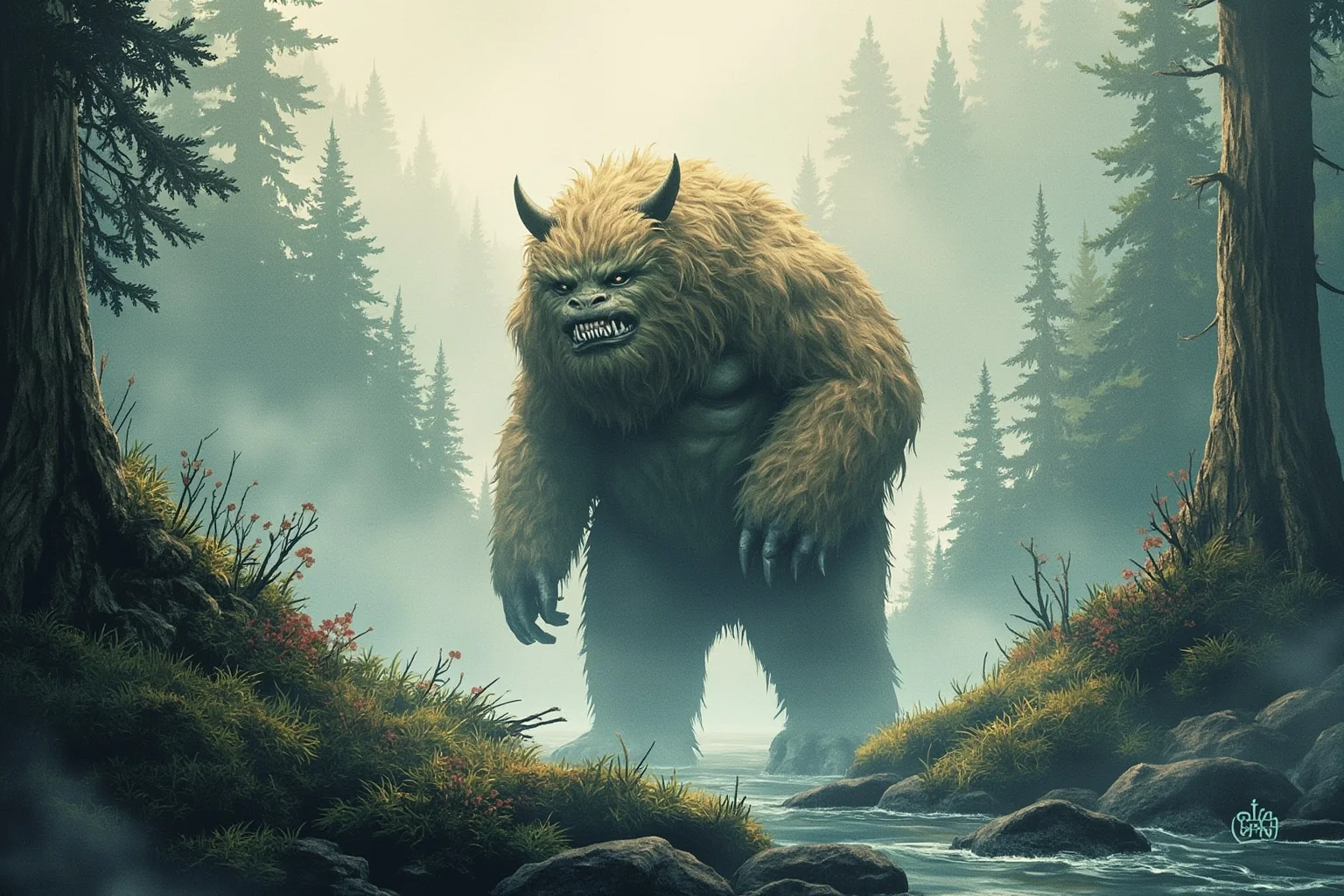 Illustration of a large hair-covered bipedal creature standing at the edge of a misty Pacific Northwest forest