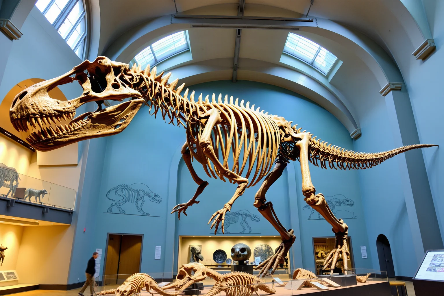 Illustration of a large mounted T. rex skeleton fossil display inside a natural history museum hall