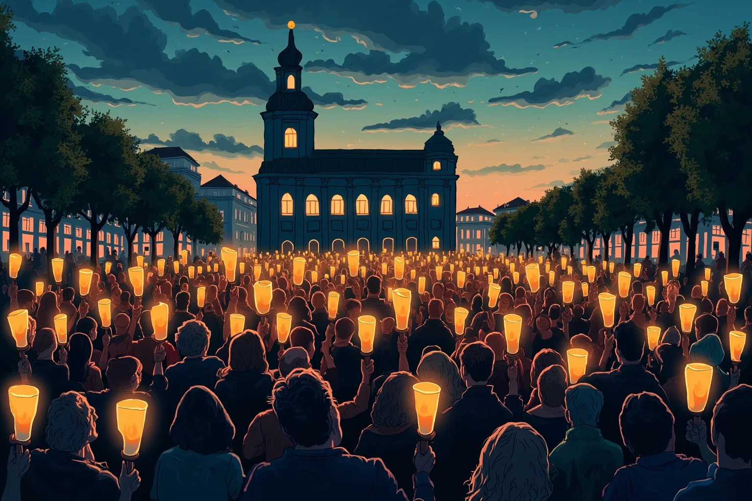 22 Historical Events That Will Restore Your Faith In Humanity 18 Illustration of a large peaceful crowd holding candles together in a European city square at dusk