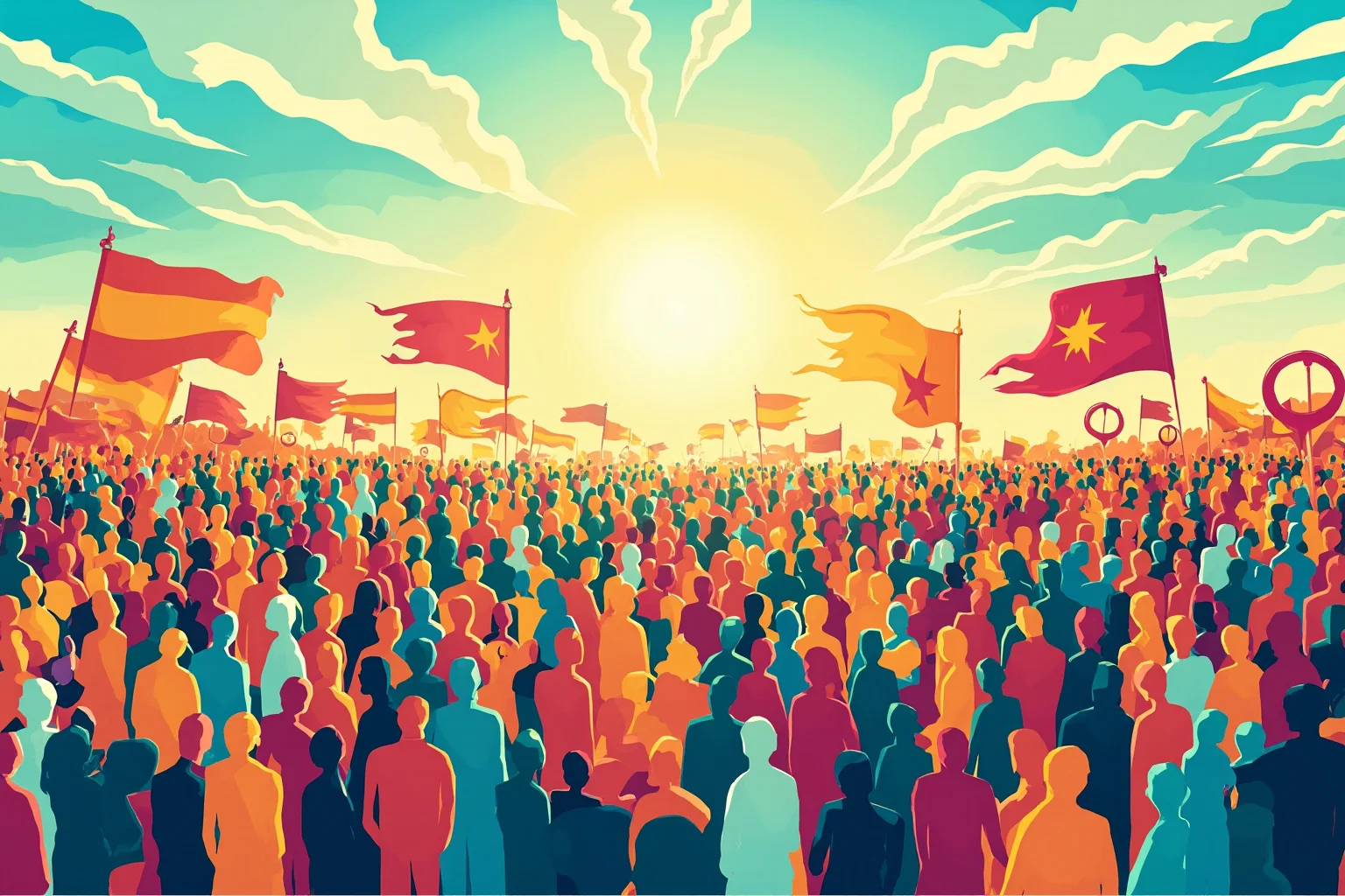 22 Historical Events That Will Restore Your Faith In Humanity 15 Illustration of a large peaceful crowd marching together carrying simple flags under a bright open sky