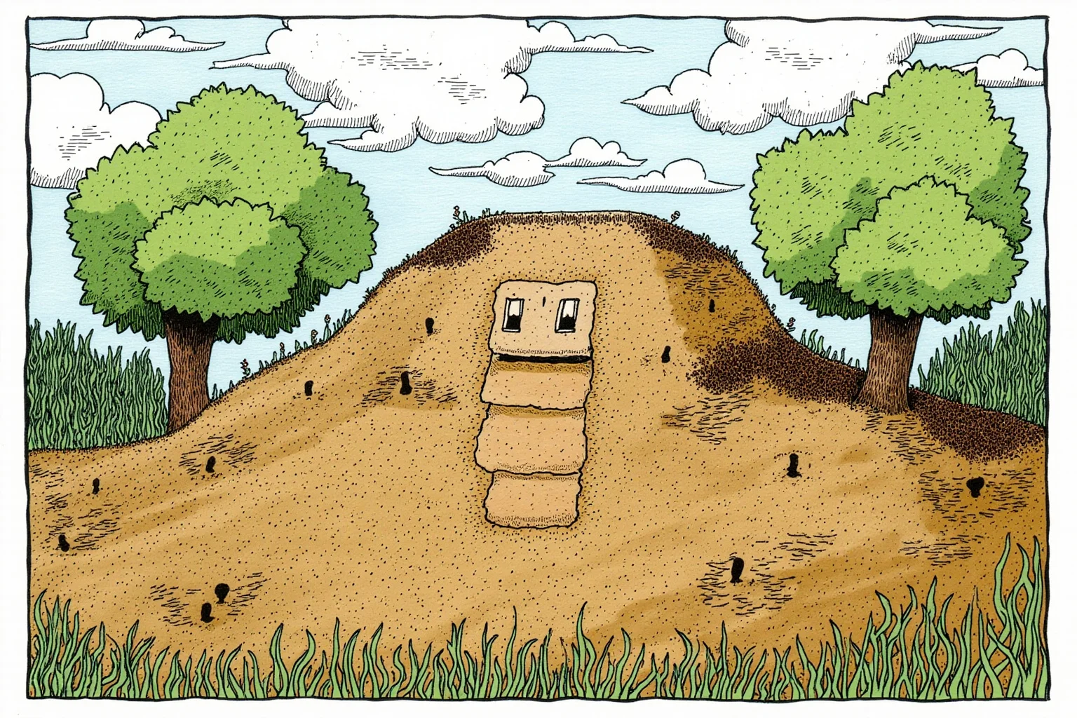 Illustration of a large sealed earthen burial mound surrounded by trees under a cloudy sky