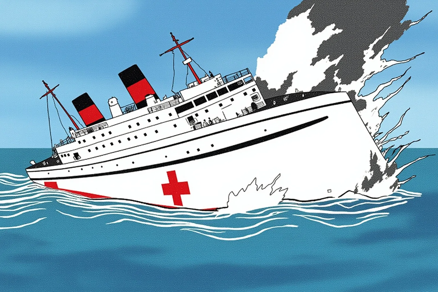Lost At Sea: 20 Most Famous Shipwrecks in History 15 Illustration of a large white hospital ship marked with red crosses sinking quickly after an explosion at sea
