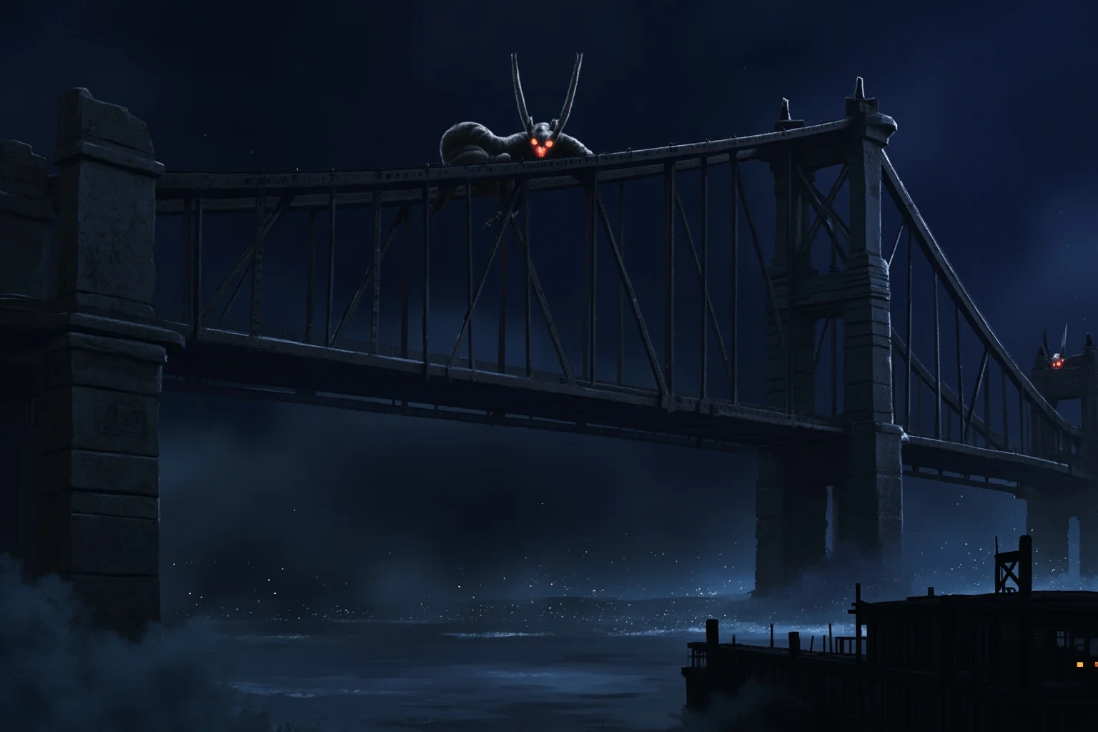 Illustration of a large winged creature with glowing red eyes perched near an old iron bridge at night