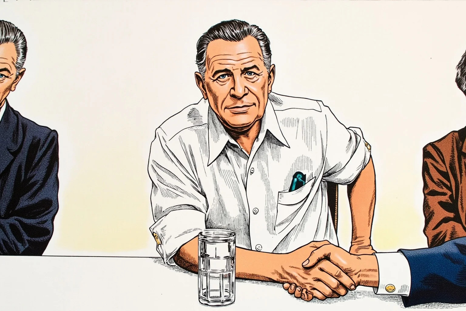 Illustration of a late-1970s president in shirtsleeves at a peace summit table, with two delegates shaking hands nearby.