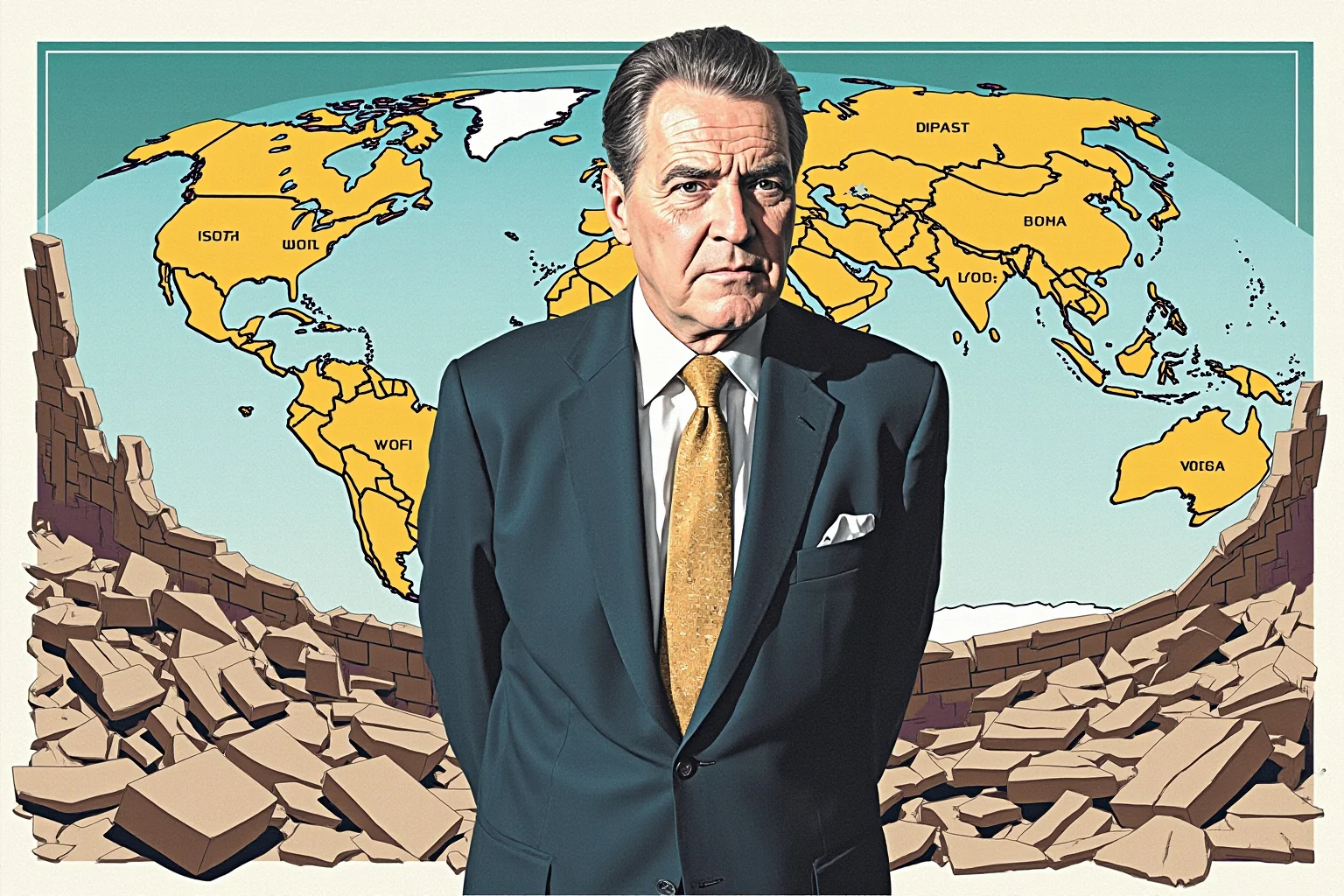 Illustration of a late-1980s president in a suit standing before a world map with a crumbling wall in the background.