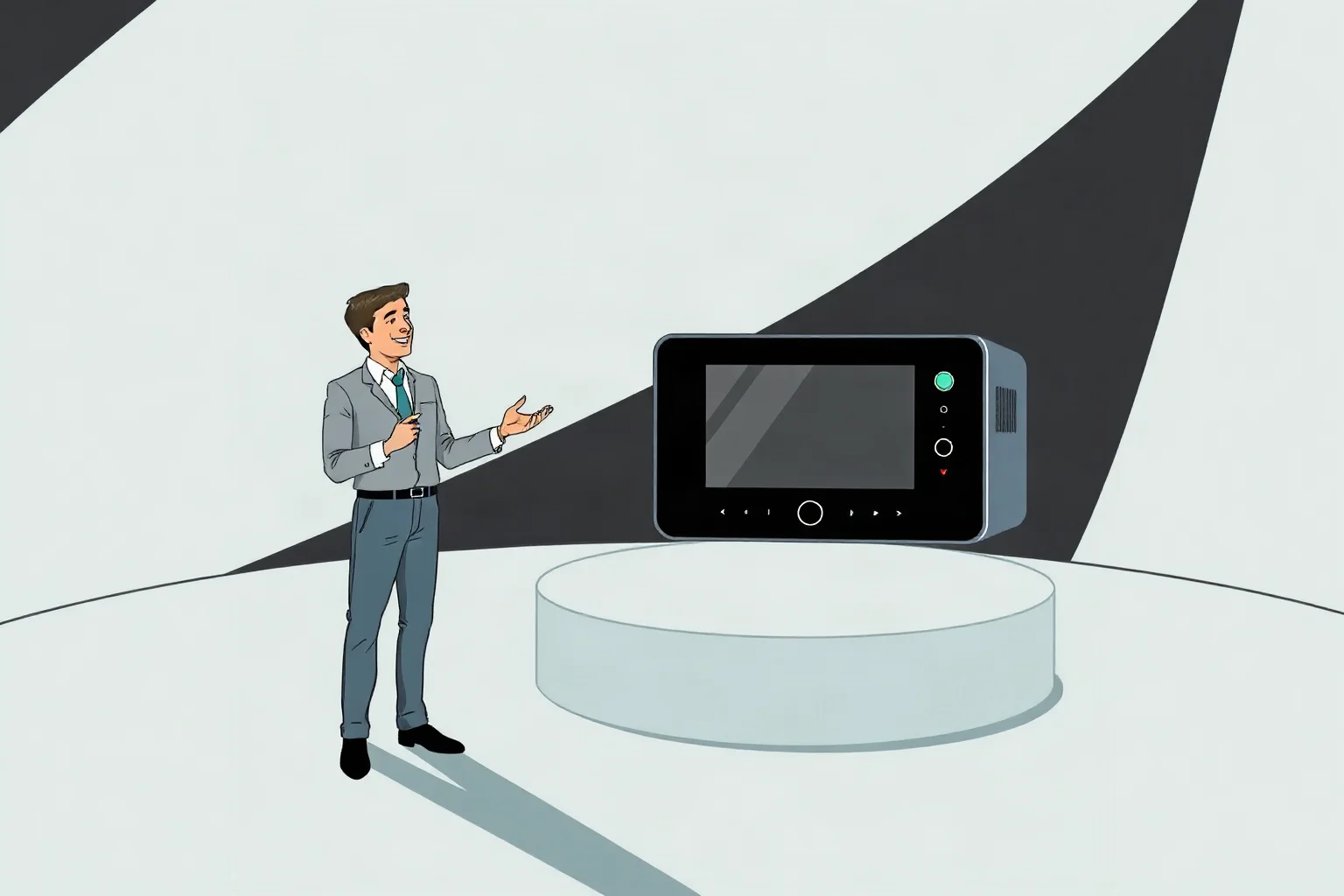 Illustration of a late 20th-century American tech entrepreneur presenting a sleek electronic device on a minimalist stage