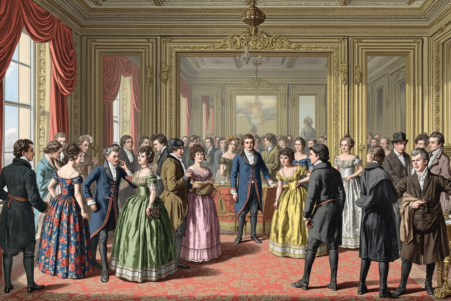 Lord Byron and Lady Caroline Lamb: History's Messiest Love Story 3 Illustration of a lavish aristocratic English country house drawing room filled with Regency-era guests mingling and gossiping